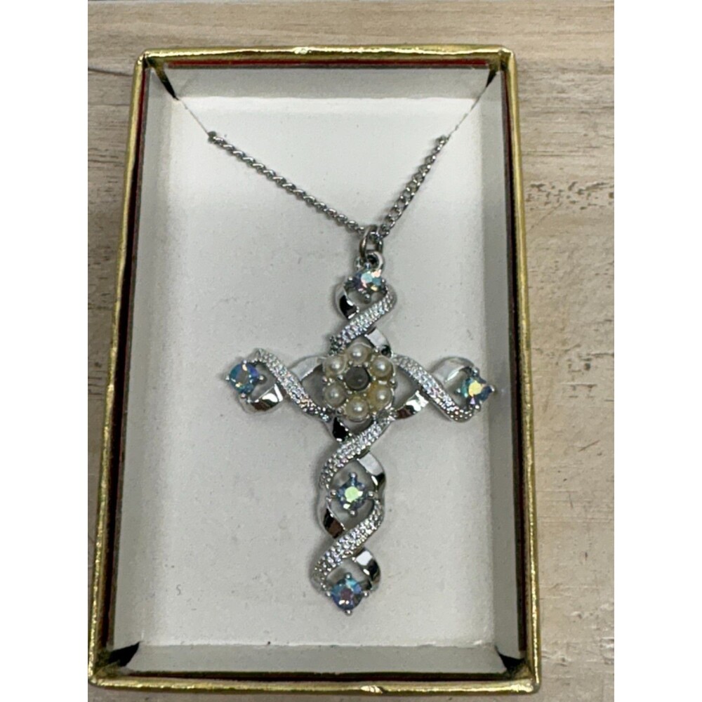 Vtg Silver Toned Cross Pedant With Centerpiece Faux Pearls And Aurora Stones